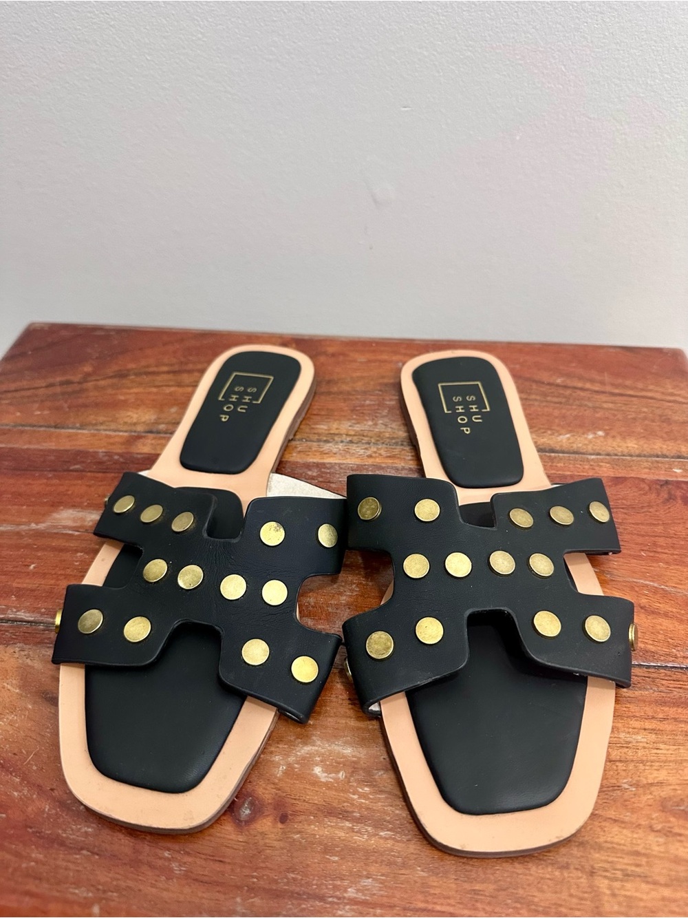 ShuShop Black and Gold Studded Donatella Slide Sandals Size 10